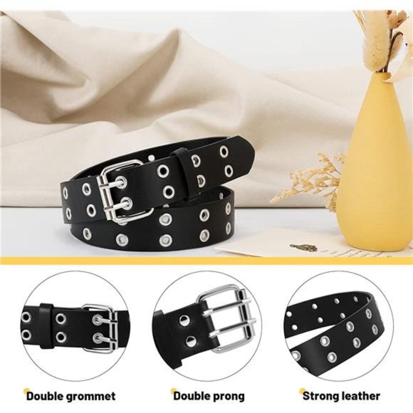 XZQTIVE Double Grommet PU Leather Belt Punk metal Jean Belt Wide 1.5 Inch